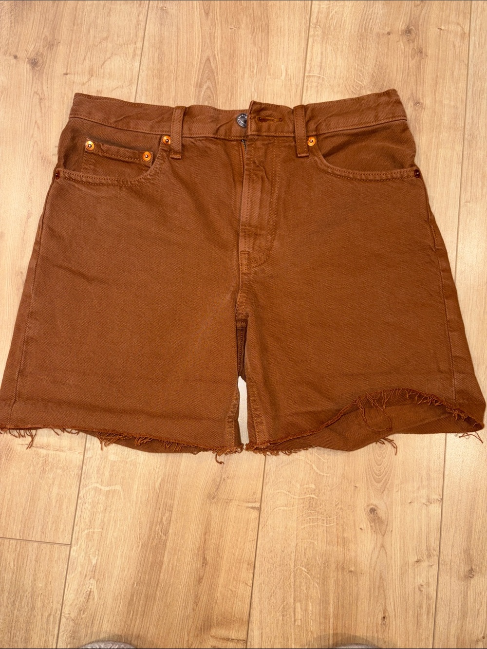 Everlane Cutoff Denim Shorts in Burnt Sienna Brown